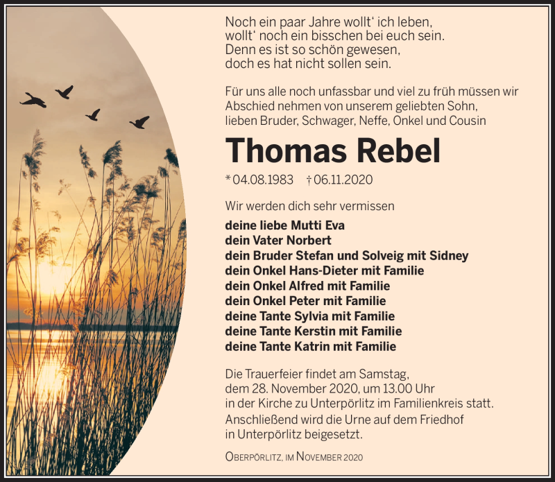  Traueranzeige für Thomas Rebel vom 21.11.2020 aus Südthüringer Presse
