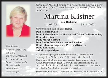 Traueranzeige von Martina Kästner von Südthüringer Presse