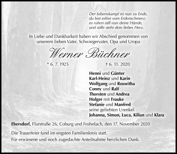 Traueranzeige von Werner Büchner von Neue Presse Coburg