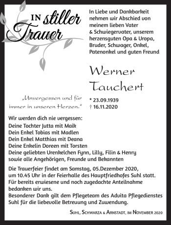 Traueranzeige von Werner Tauchert von Südthüringer Presse
