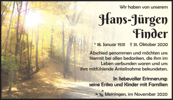 Traueranzeige von Hans-Jürgen Finder von Südthüringer Presse