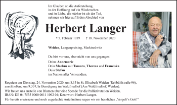 Traueranzeige von Herbert Langer von Frankenpost