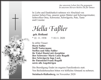 Traueranzeige von Hella Faßler von Südthüringer Presse