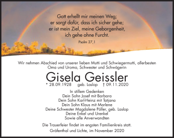 Traueranzeige von Gisela Geissler von Südthüringer Presse