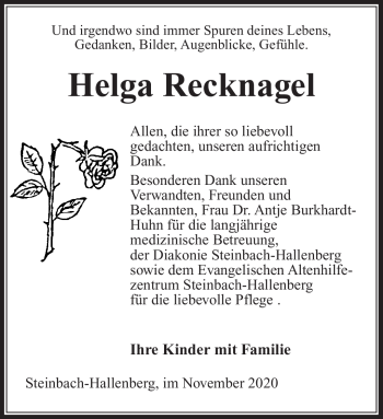 Traueranzeige von Helga Recknagel von Südthüringer Presse