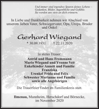 Traueranzeige von Gerhard Wiegand von Südthüringer Presse