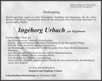 Traueranzeige von Ingeborg Urbach von Südthüringer Presse