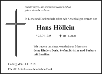 Traueranzeige von Hans Höllein von Neue Presse Coburg