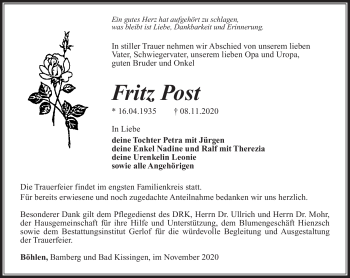 Traueranzeige von Fritz Post von Südthüringer Presse