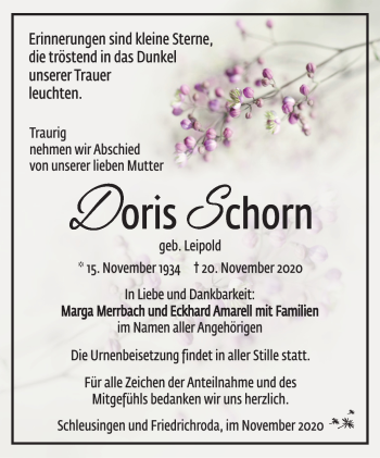 Traueranzeige von Doris Schorn von Südthüringer Presse