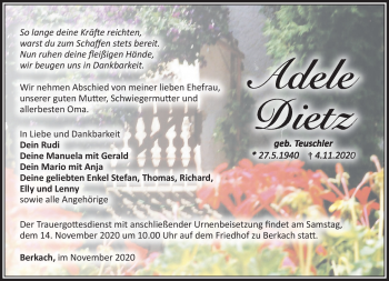 Traueranzeige von Adele Dietz von Südthüringer Presse