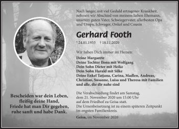 Traueranzeige von Gerhard Footh von Südthüringer Presse