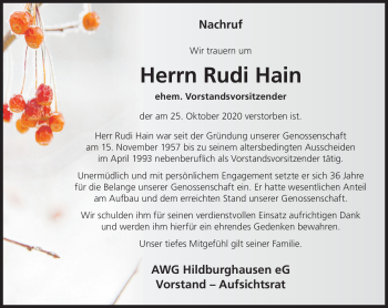 Traueranzeige von Rudi Hain von Südthüringer Presse