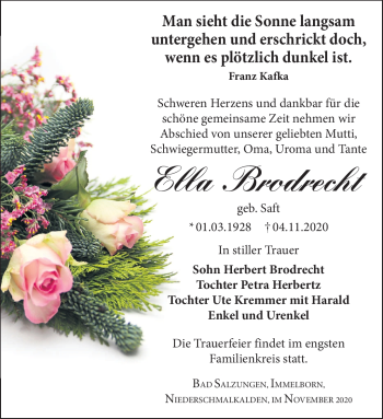 Traueranzeige von Ella Brodrecht von Südthüringer Presse