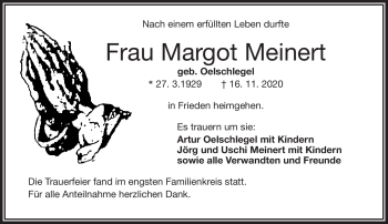 Traueranzeige von Margot Meinert von Frankenpost