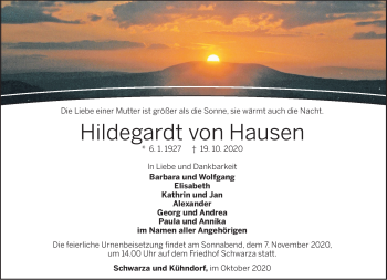 Traueranzeige von von Hausen Hildegardt von Südthüringer Presse
