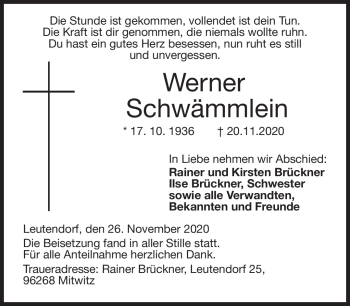 Traueranzeige von Werner Schwämmlein von Neue Presse Coburg