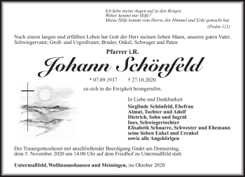 Traueranzeige von Johann Schönfeld von Südthüringer Presse
