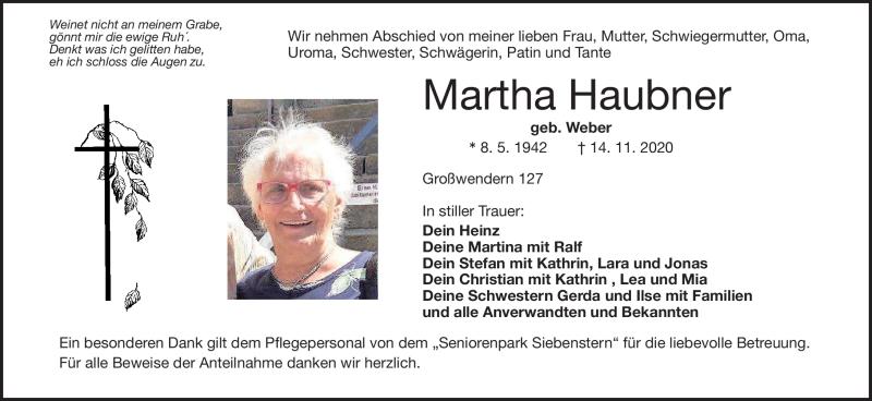  Traueranzeige für Martha Haubner vom 20.11.2020 aus Frankenpost