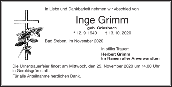 Traueranzeige von Inge Grimm von Frankenpost