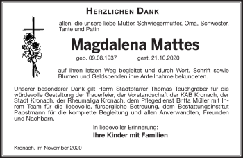 Traueranzeige von Magdalena Mattes von Neue Presse Coburg