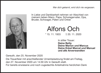 Traueranzeige von Alfons Ochs von Neue Presse Coburg