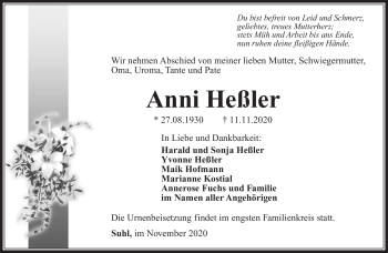 Traueranzeige von Anni Heßler von Südthüringer Presse