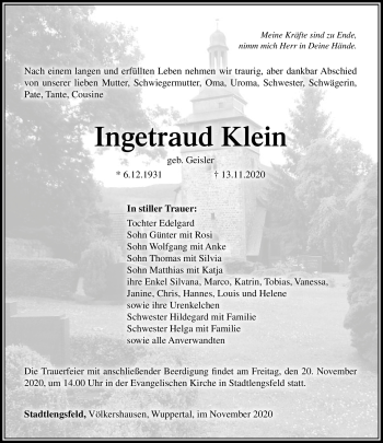 Traueranzeige von Ingetraud Klein von Südthüringer Presse