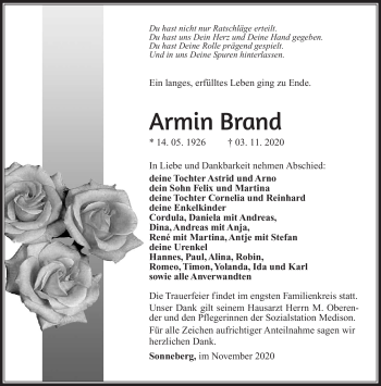 Traueranzeige von Armin Brand von Südthüringer Presse