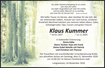 Traueranzeige von Klaus Kummer von Südthüringer Presse