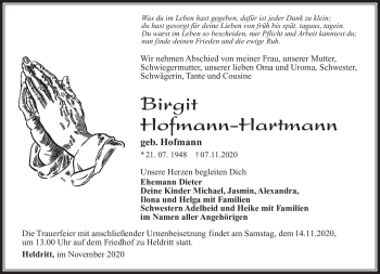 Traueranzeige von Birgit Hofmann-Hartman von Südthüringer Presse