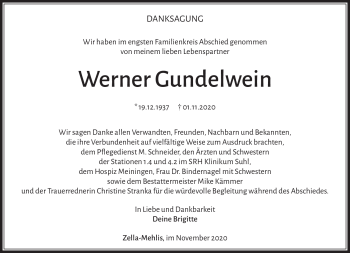 Traueranzeige von Werner Gundelwein von Südthüringer Presse