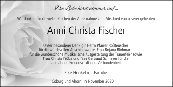 Traueranzeige von Anni Christa Fischer von Neue Presse Coburg