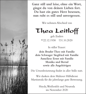 Traueranzeige von Thea Leitloff von Südthüringer Presse