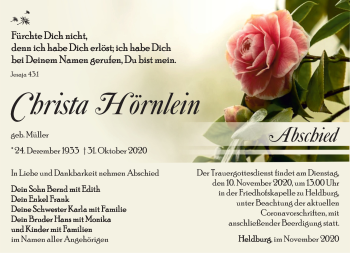 Traueranzeige von Christa Hörnlein von Südthüringer Presse
