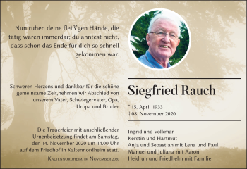 Traueranzeige von Siegfried Rauch von Südthüringer Presse