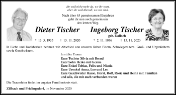 Traueranzeige von IngeborgDieter TischerTischer von Südthüringer Presse
