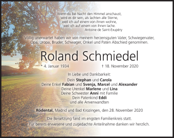 Traueranzeige von Roland Schmiedel von Neue Presse Coburg