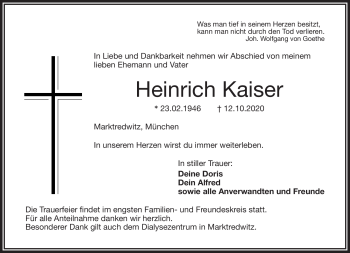 Traueranzeige von Heinrich Kaiser von Frankenpost