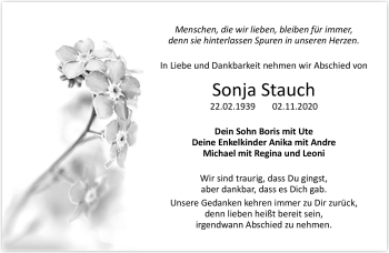 Traueranzeige von Sonja Stauch von Südthüringer Presse