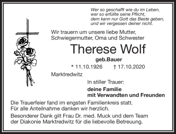 Traueranzeige von Therese Wolf von Frankenpost