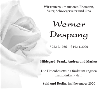 Traueranzeige von Werner Despang von Südthüringer Presse