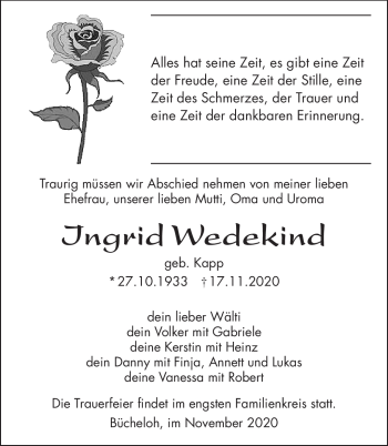 Traueranzeige von Ingrid Wedekind von Südthüringer Presse