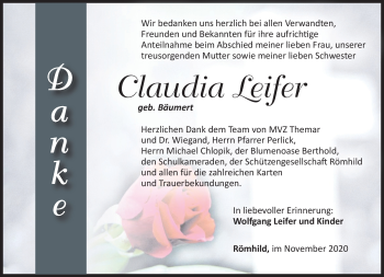 Traueranzeige von Claudia Leifer von Südthüringer Presse