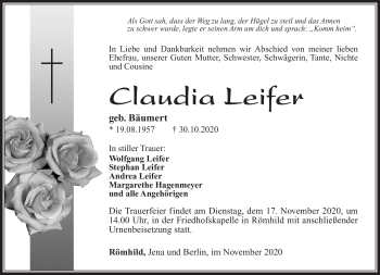 Traueranzeige von Claudia Leifer von Südthüringer Presse