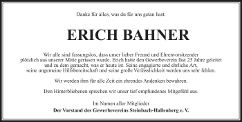 Traueranzeige von Erich Bahner von Südthüringer Presse