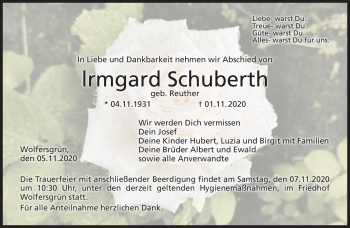 Traueranzeige von Irmgard Schuberth von Neue Presse Coburg
