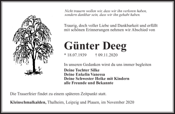 Traueranzeige von Günter Deeg von Südthüringer Presse