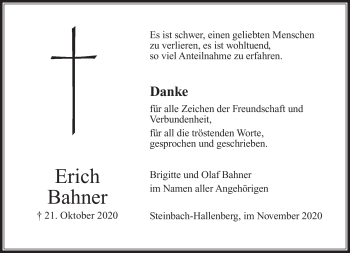 Traueranzeige von Erich Bahner von Südthüringer Presse