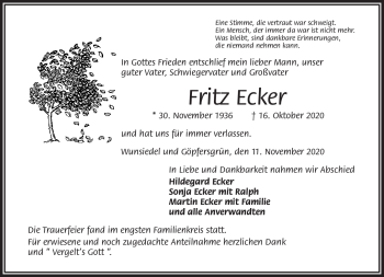 Traueranzeige von Fritz Ecker von Frankenpost